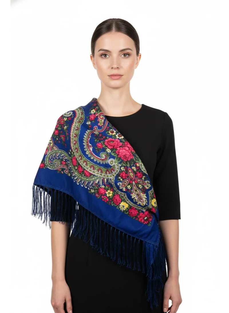 بيداني وشاح أزرق ملكي بنقش زهور وورود شعبية متعددة الألوان